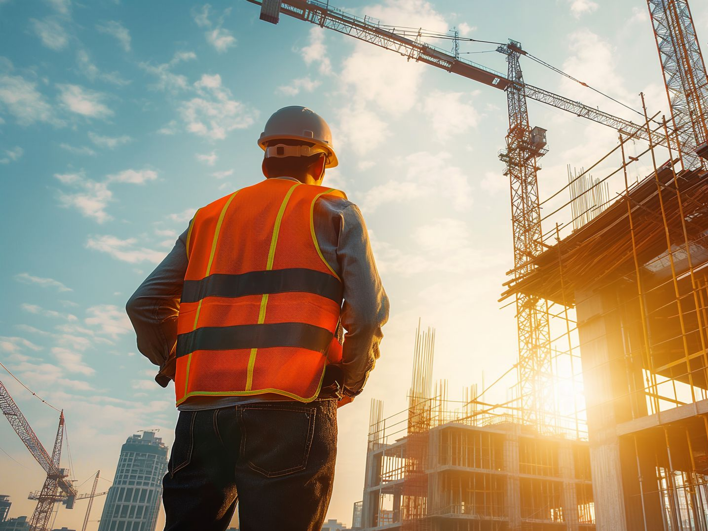 Ouvrier du bâtiment en gilet de sécurité orange et casque de chantier marchant près d'une grue au lever du soleil