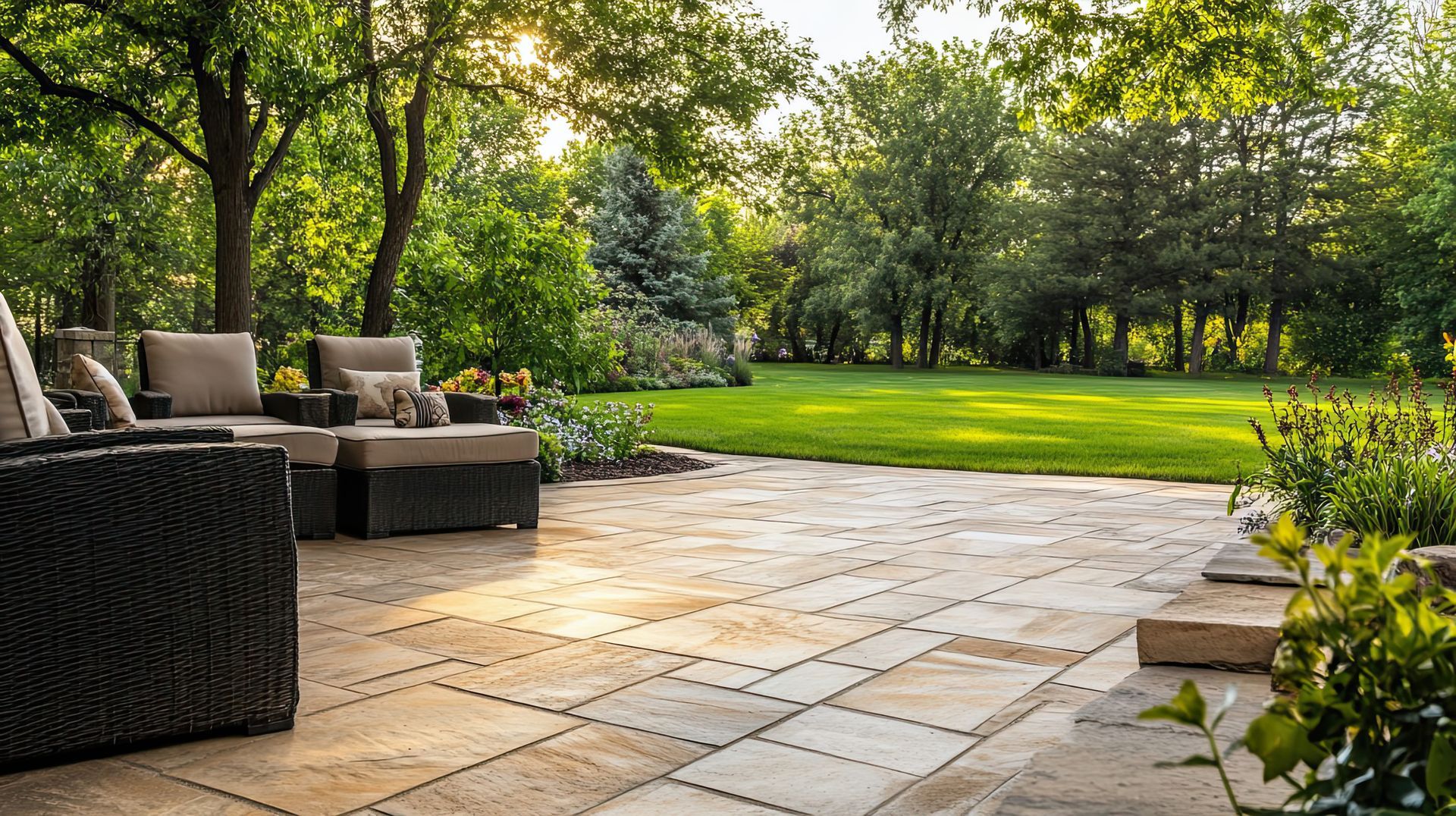 Terrasse en carrelage dans un jardin avec un salon de jardin