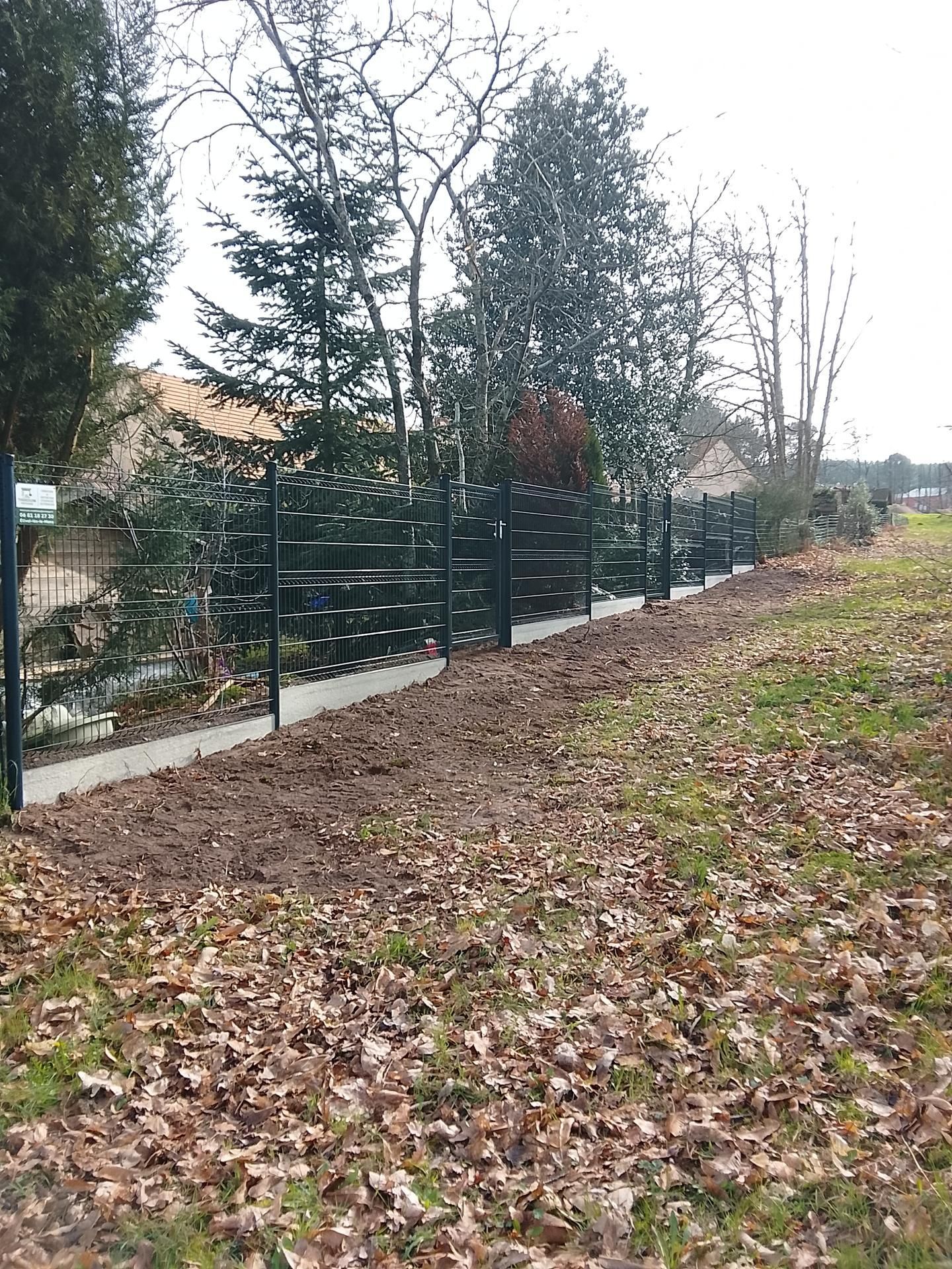 Une clôture métallique vert foncé longe un chemin en béton à côté d'une pelouse recouverte de feuilles mortes brunes.