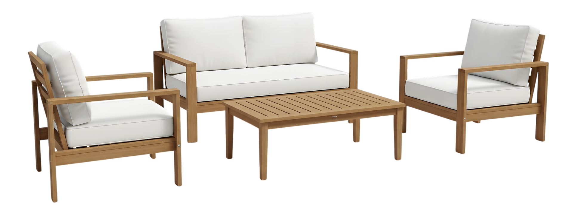 Ensemble de patio extérieur comprenant un canapé deux places, deux fauteuils et une table basse à lattes, le tout en bois avec des coussins blancs.