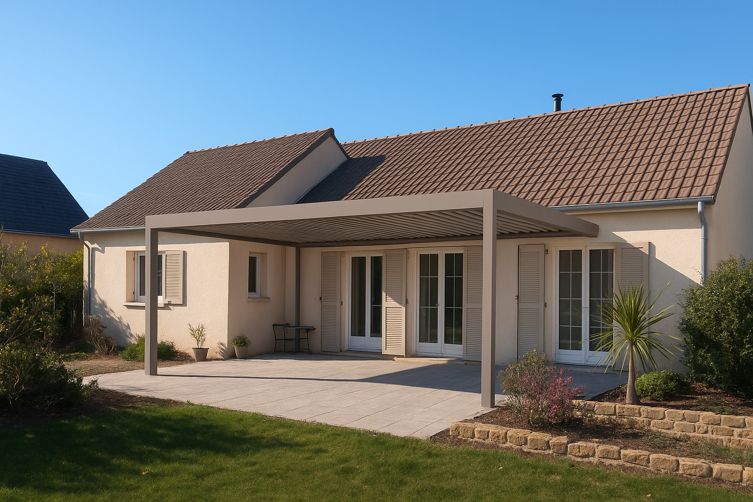 Une maison de plain-pied beige avec un toit de tuiles, agrémentée d'une pergola grise moderne.