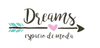Logotipo de “Dreams espacio de moda” con flechas color turquesa y un corazón rosa sobre fondo blanco.