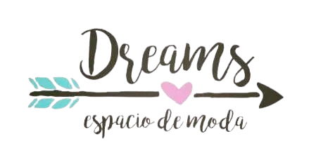 Logotipo de “Dreams espacio de moda” con flechas color turquesa y un corazón rosa sobre fondo blanco.