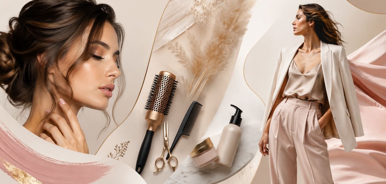 Collage de moda en tonos neutros con una mujer, herramientas de belleza y una elegante exhibición de ropa color crema.