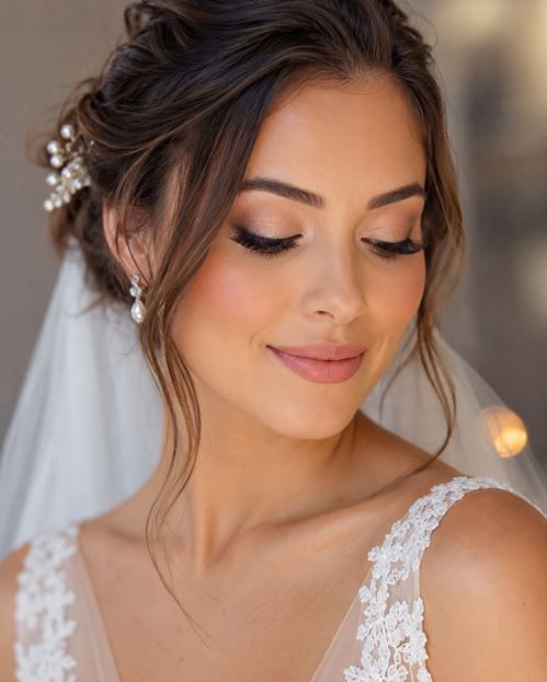 Novia con velo, tocado floral y maquillaje suave, mirando hacia abajo con un vestido blanco de encaje.