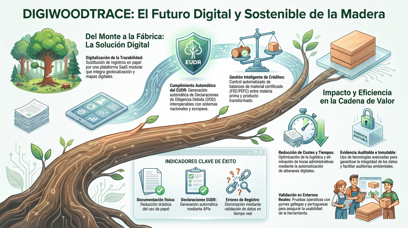 Infografía en español sobre DigiWoodTrace e o futuro dixital sostible da madeira, con árbores e tecnoloxía.