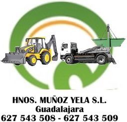 Logotipo con arco circular verde y camiones de construcci&oacute;n; texto: HNOS. MU&Ntilde;OZ YELA SL, Guadalajara, 627 543 508-509