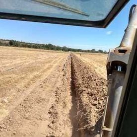 Vista desde un tractor que circula por un surco de tierra junto a un campo seco cosechado bajo un cielo azul.