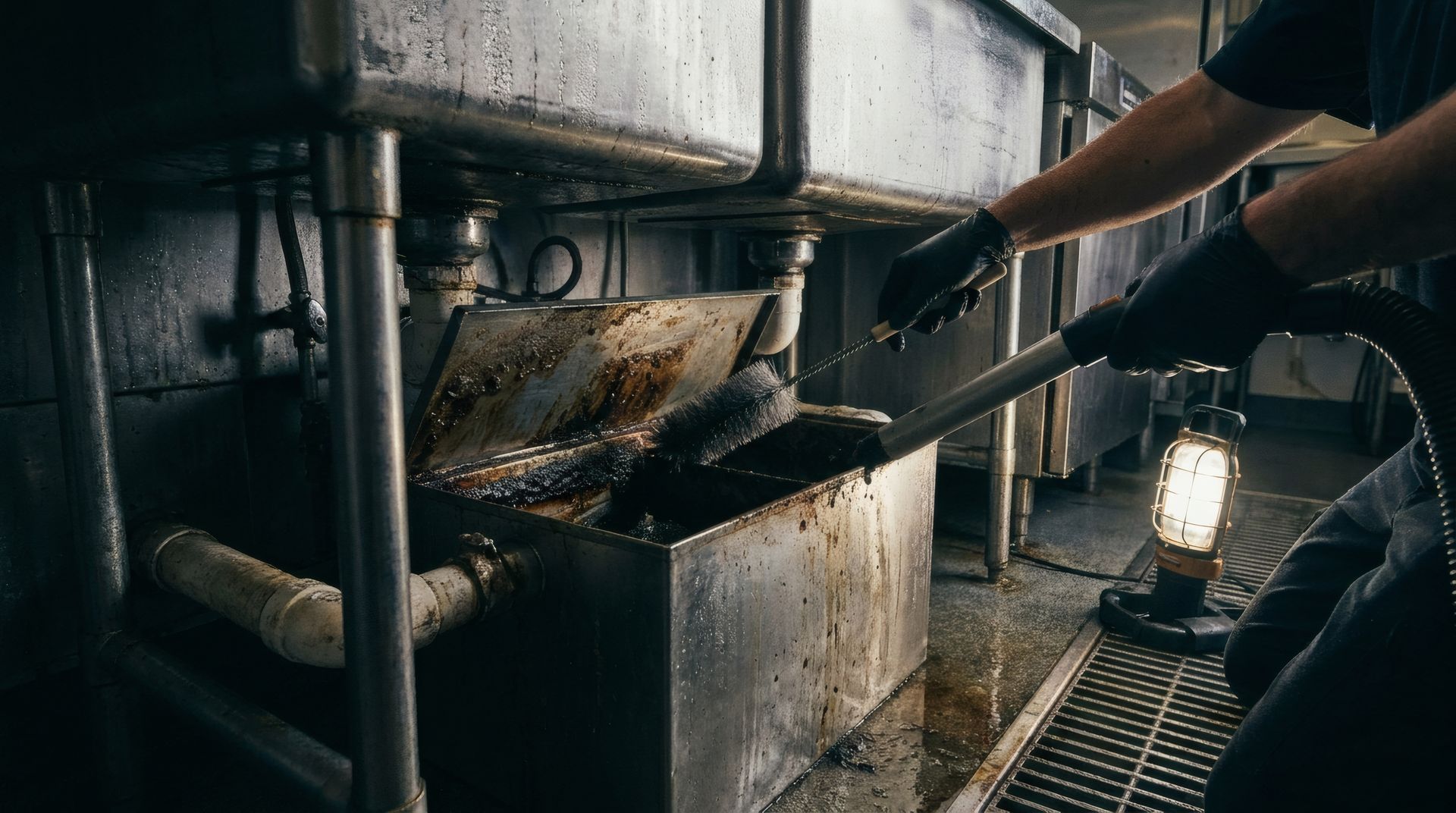 Un ouvrier entretien un débourbeur dans une cuisine industrielle éclairée par une lanterne.