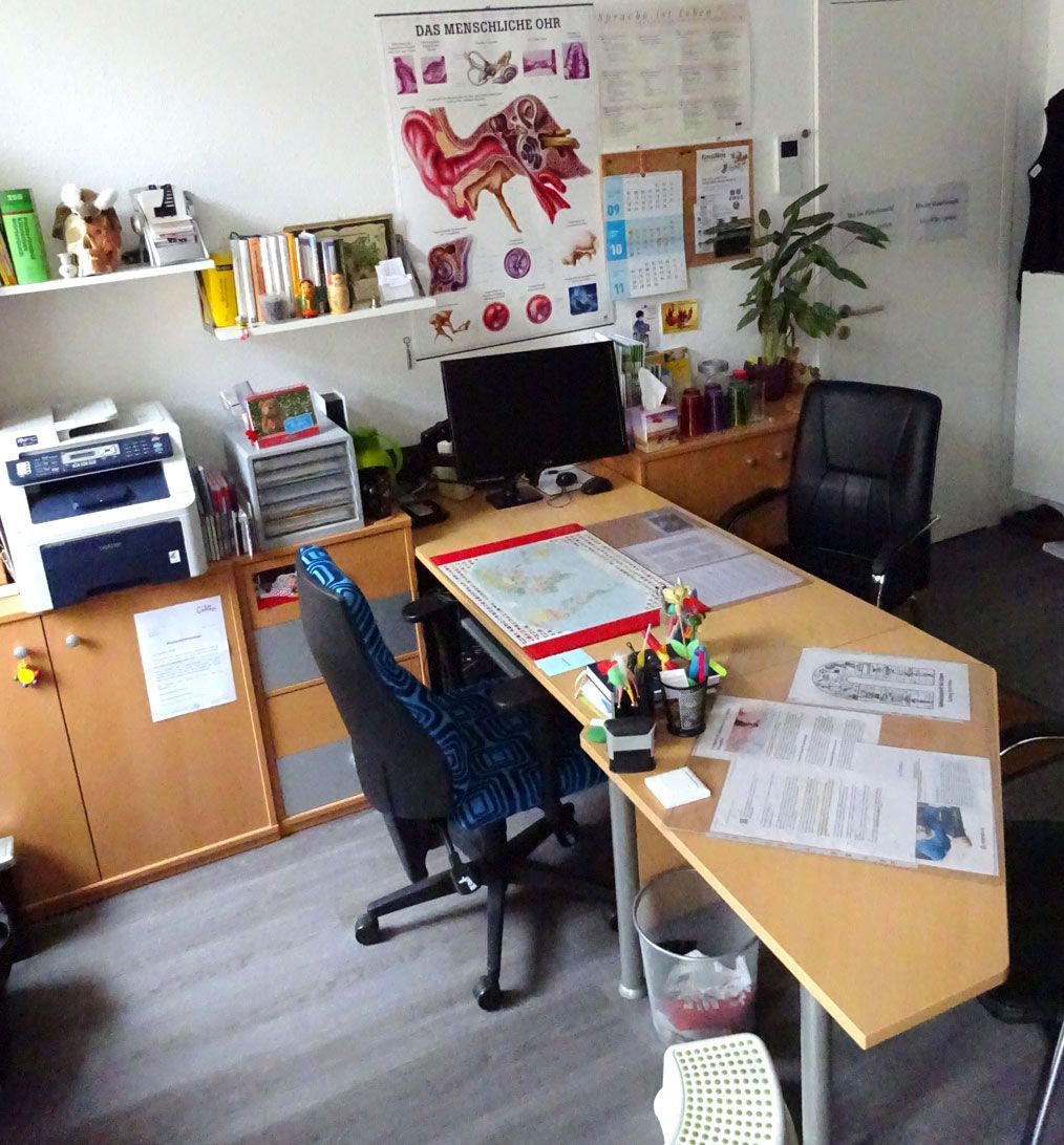 Büro mit Schreibtisch, Computer, Drucker, Regalen mit Büromaterial und einer anatomischen Tafel an der Wand.