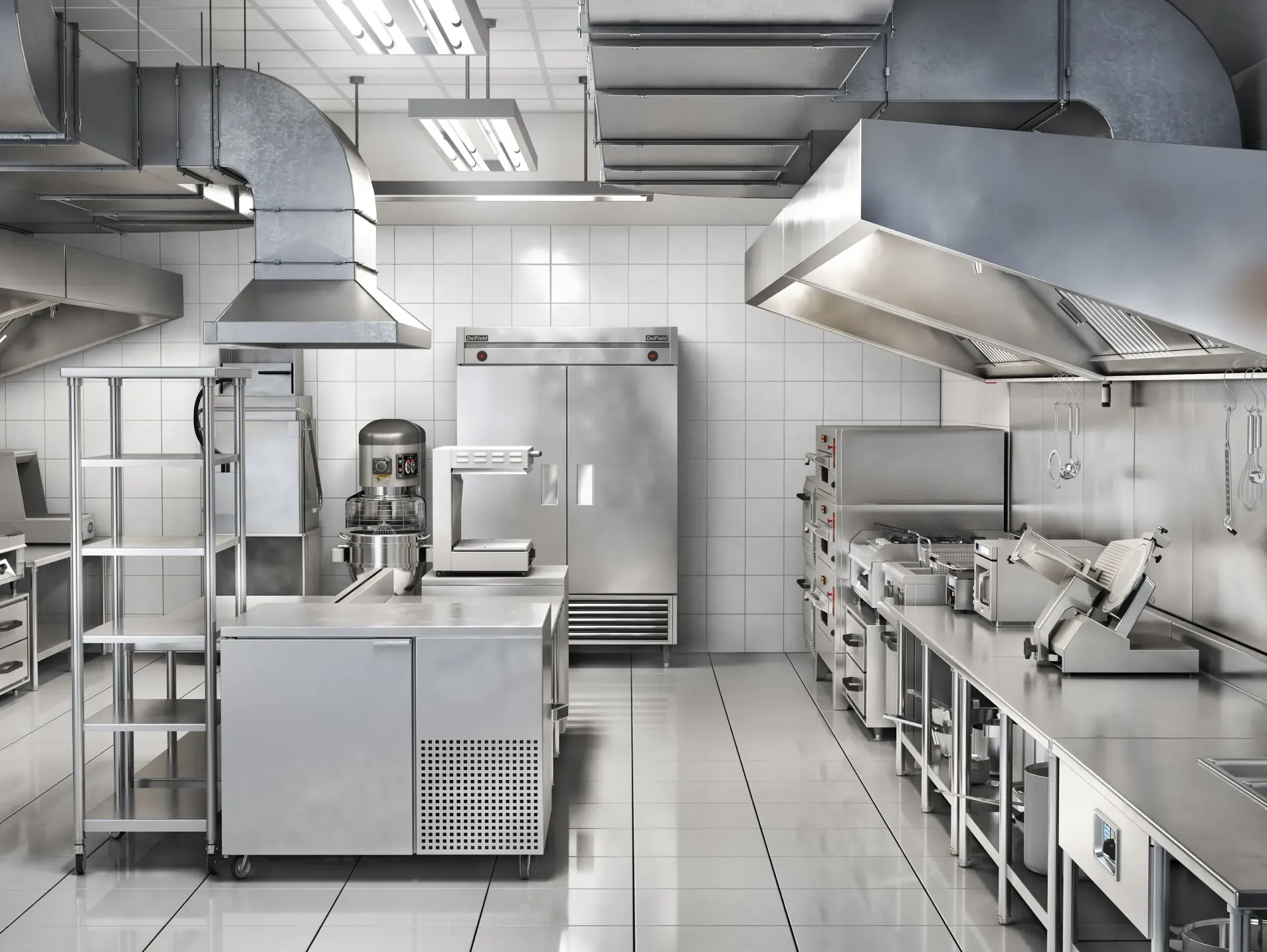 Una gran cocina comercial con electrodomésticos de acero inoxidable y refrigerador.