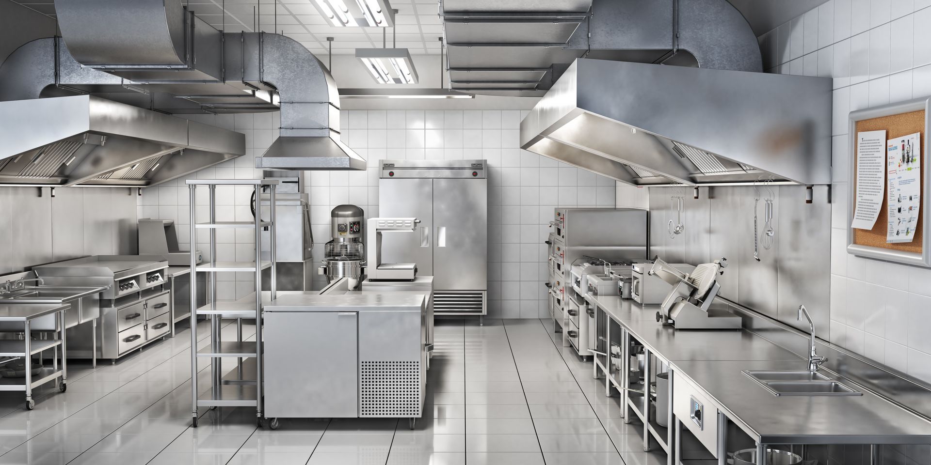 Una gran cocina comercial con muchos electrodomésticos de acero inoxidable.