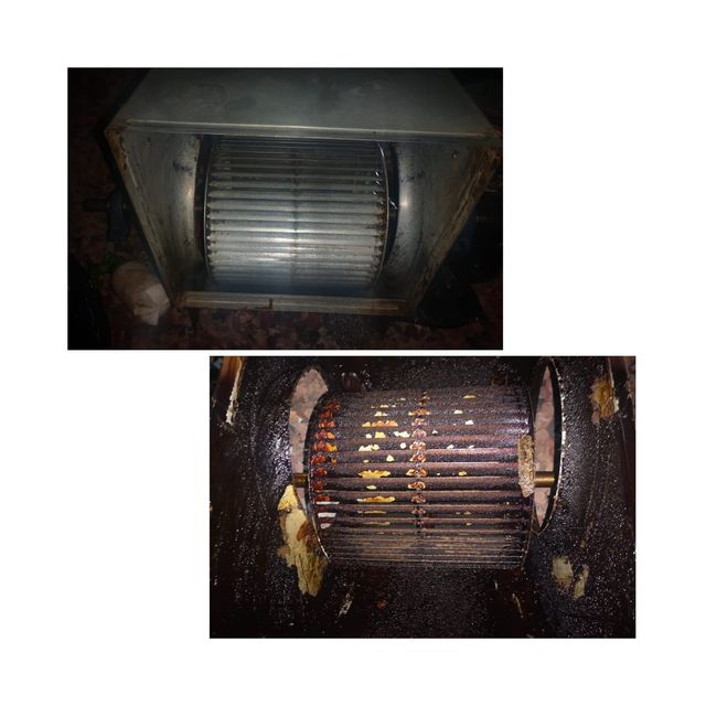 Una imagen de un ventilador antes y después de la limpieza.