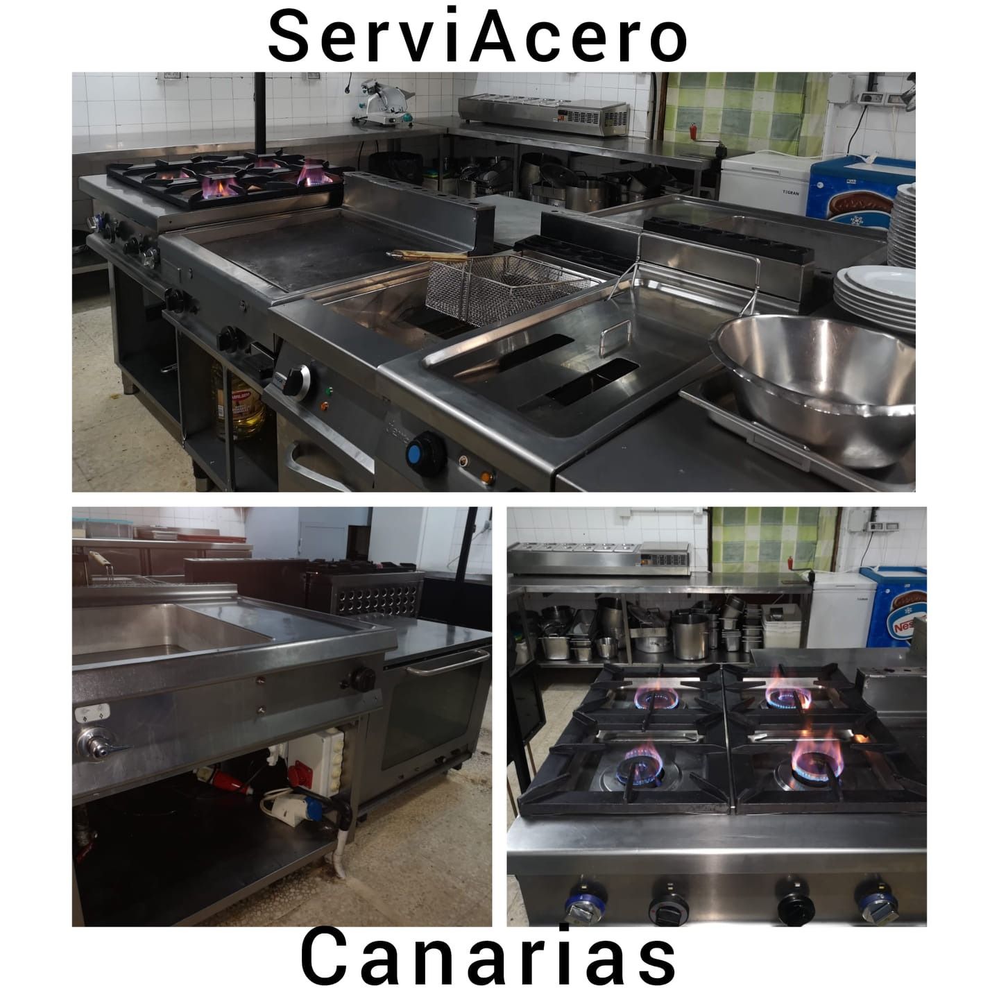 Un collage de fotos de una cocina con las palabras serviacero canarias