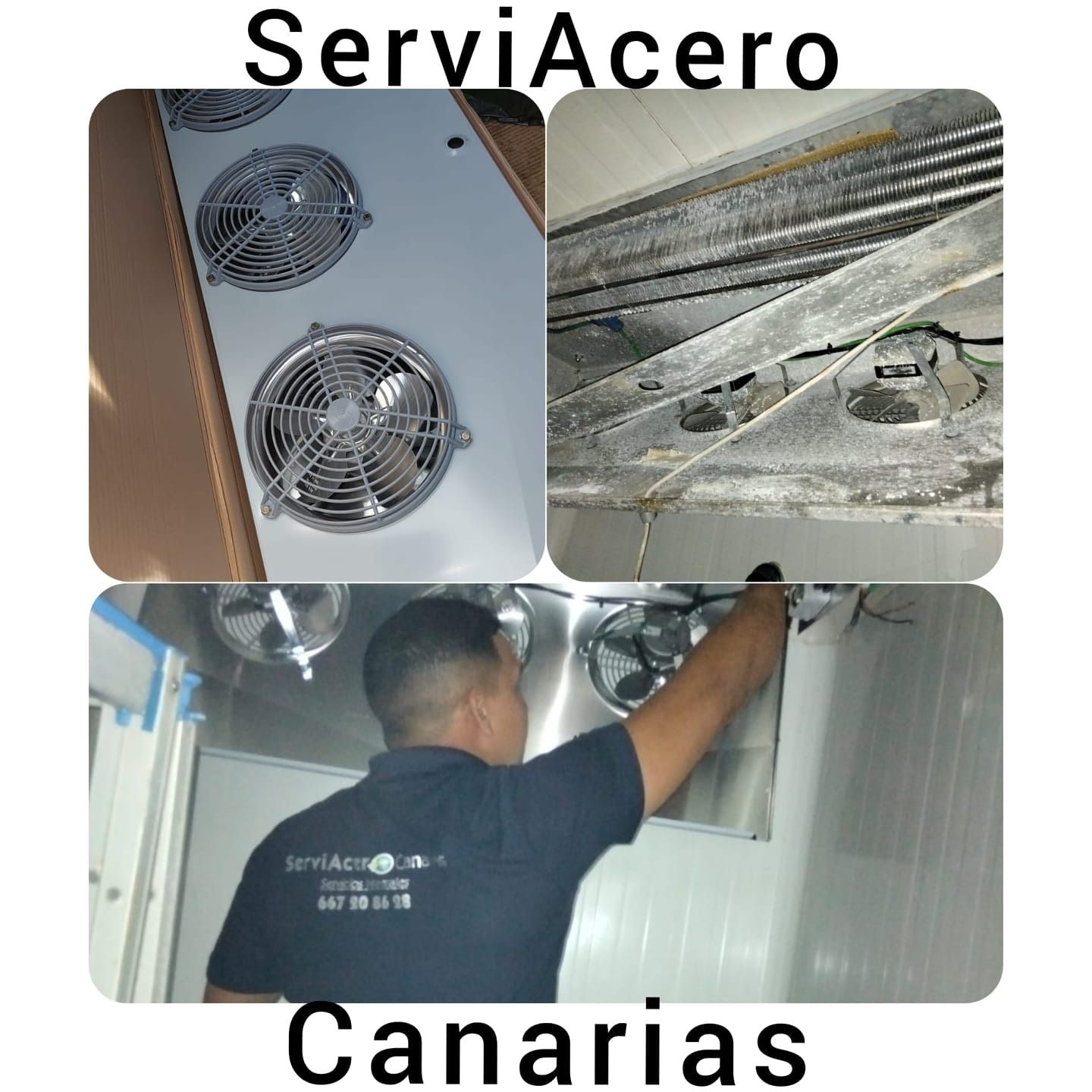 Un hombre está trabajando en un refrigerador con las palabras