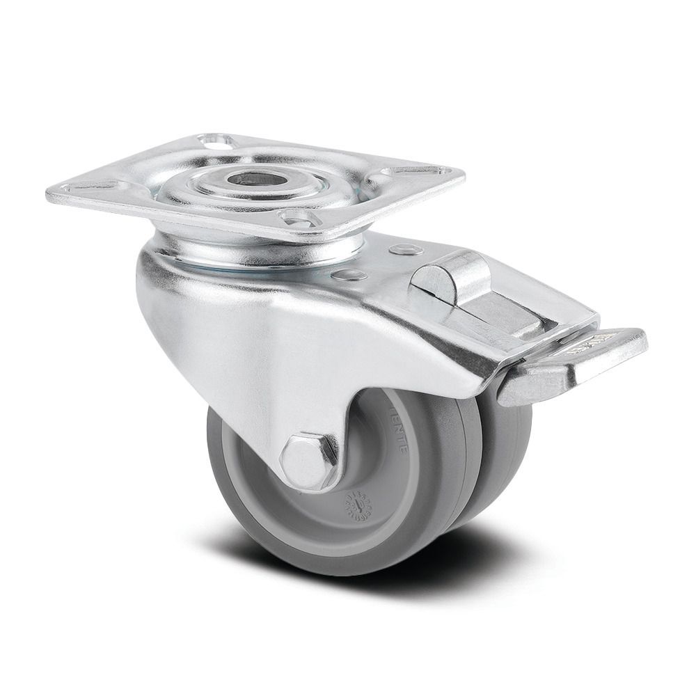 eine Nahaufnahme einer Rolle mit Bremse auf weißem Hintergrund