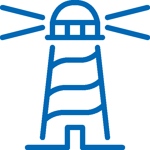 ein blaues Symbol eines Leuchtturms auf weißem Hintergrund