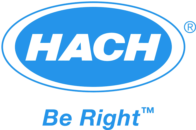 Logotipo de HACH en azul y blanco, con el eslogan «Be Right» debajo