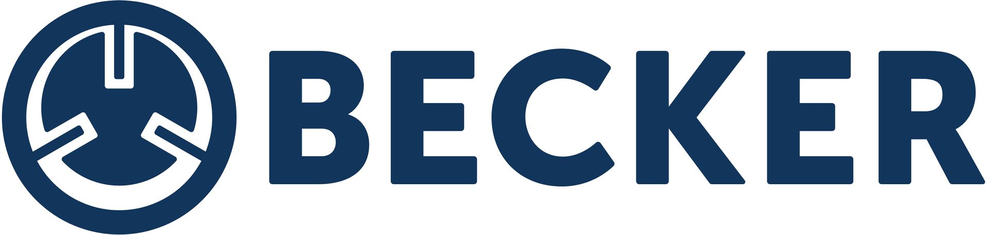 Logotipo de Becker en azul marino, con un icono circular y un nombre de marca en negrita y mayúsculas.