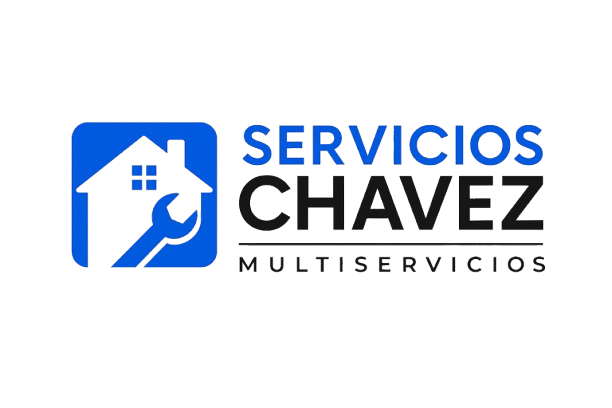 Logotipo para Servicios Chavez Multiservicios: Icono de casa azul con llave inglesa, texto azul y negro.