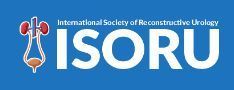 Logotipo de la Sociedad Internacional de Urología Reconstructiva (ISORU) con fondo azul e ilustración médica.