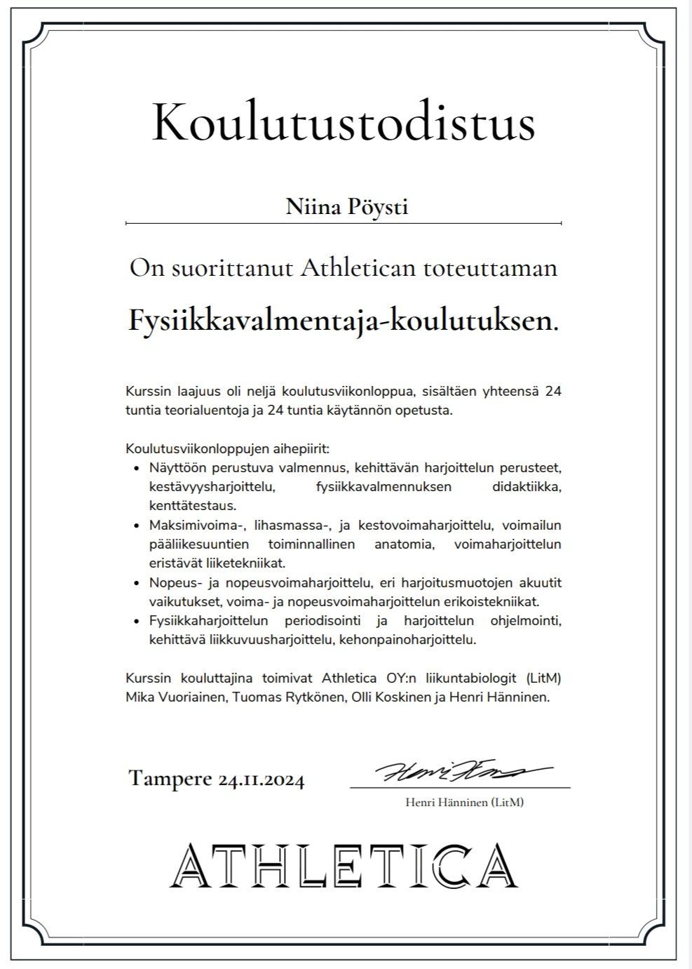 Koulutustodistus Fysiikkavalmentaja-koulutuksesta