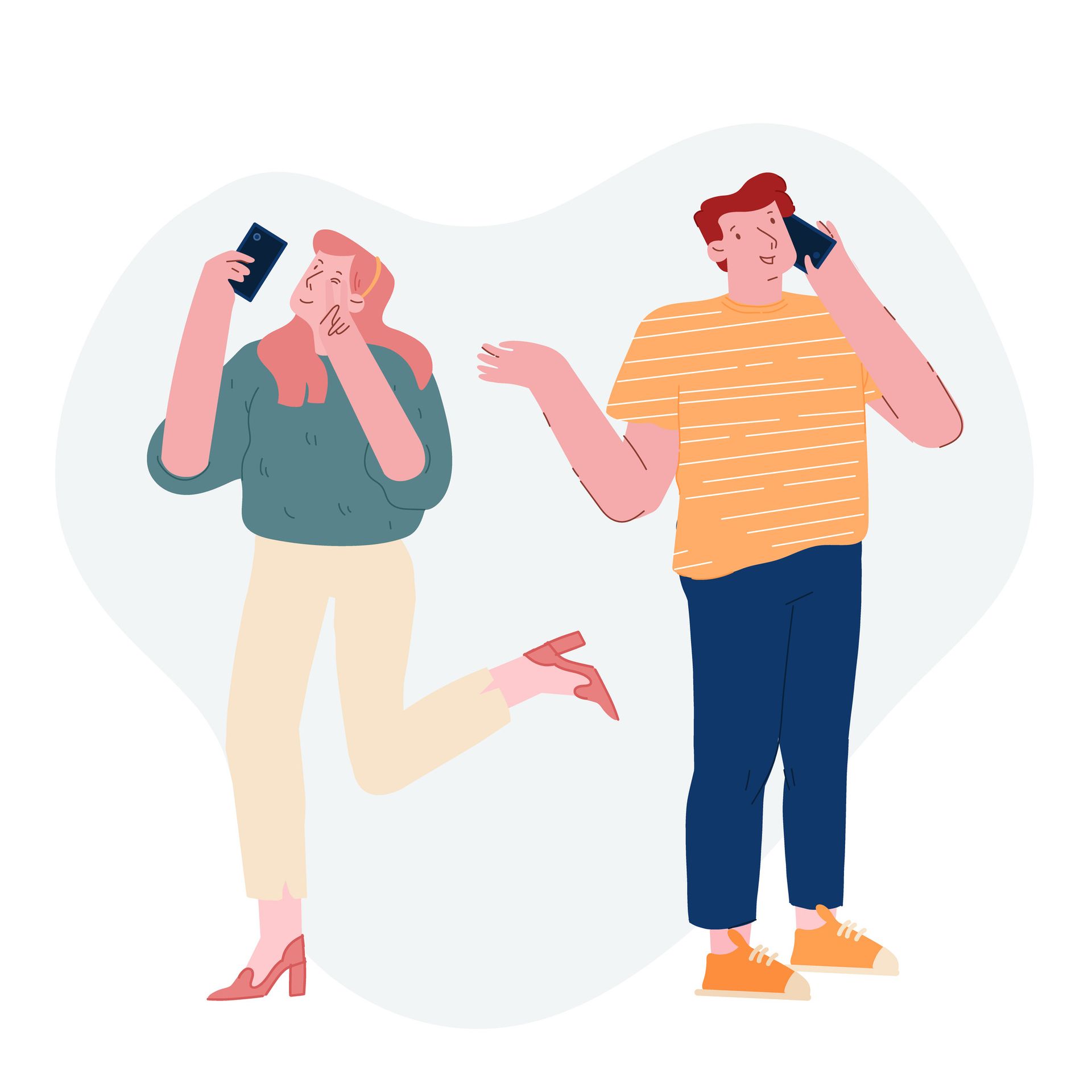 Un hombre y una mujer están hablando por sus teléfonos celulares.
