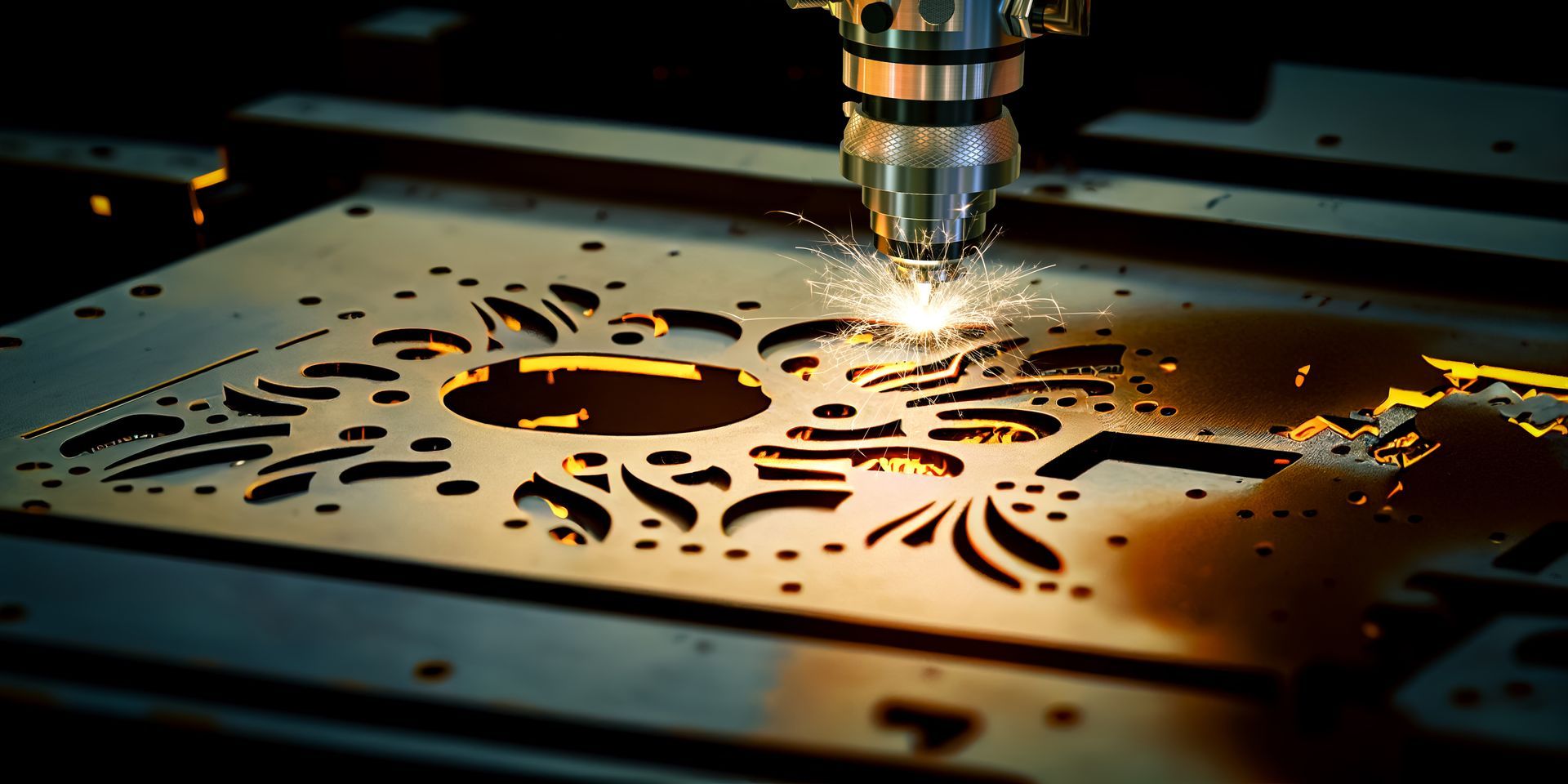 Découpe laser d'une tôle, créant un motif décoratif avec des étincelles et du matériau en fusion.