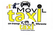 Logotipo amarillo "MOViL taxi" con un automóvil negro y figuras de personas, que publicita el transporte público.