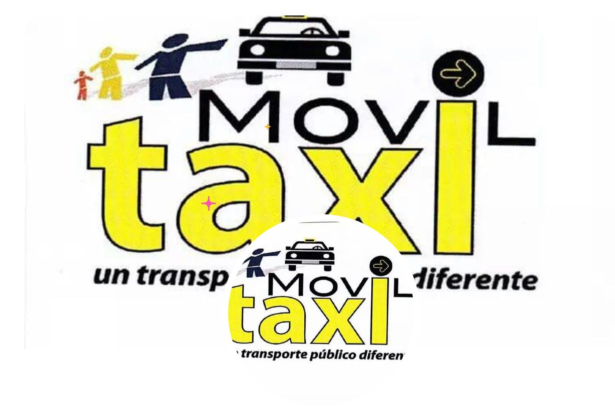 Logotipo amarillo "MOViL taxi" con un automóvil negro y figuras de personas, que publicita el transporte público.