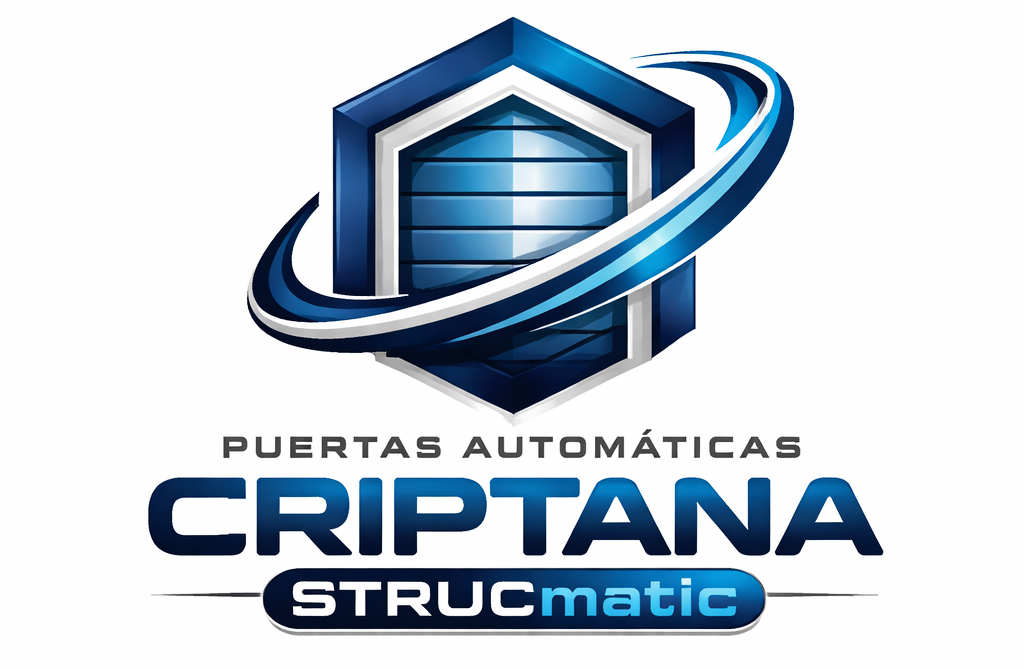 Logotipo de puertas automáticas Criptana; marco hexagonal azul con imagen de puerta, espiral y texto "Criptana STRUCMatic".