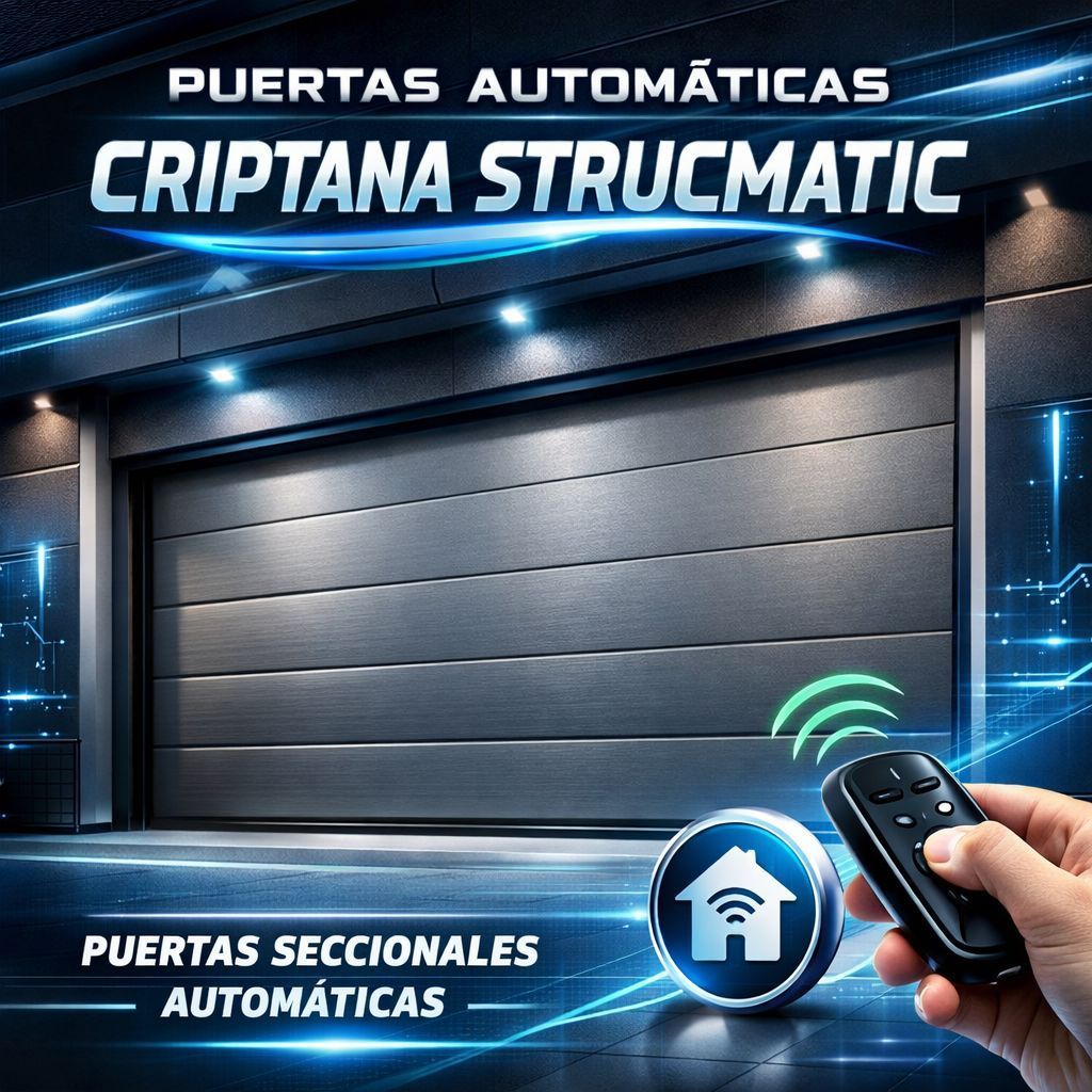 Anuncio de puertas de garaje automáticas con una mano sosteniendo un control remoto.