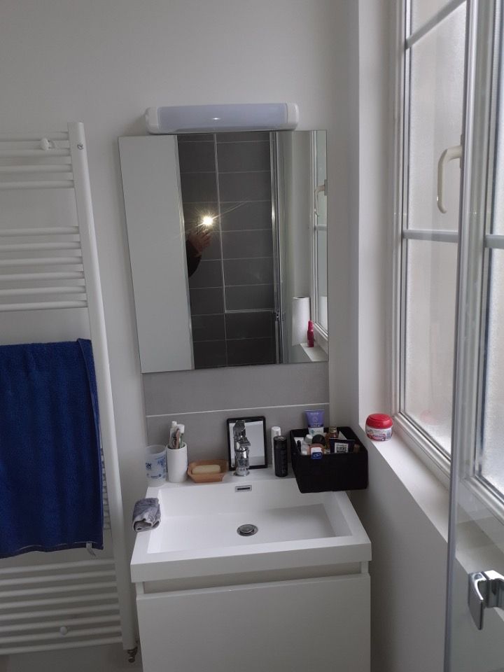 Meuble vasque avec un miroir au-desus et une sèche-serviettes sur le côté.