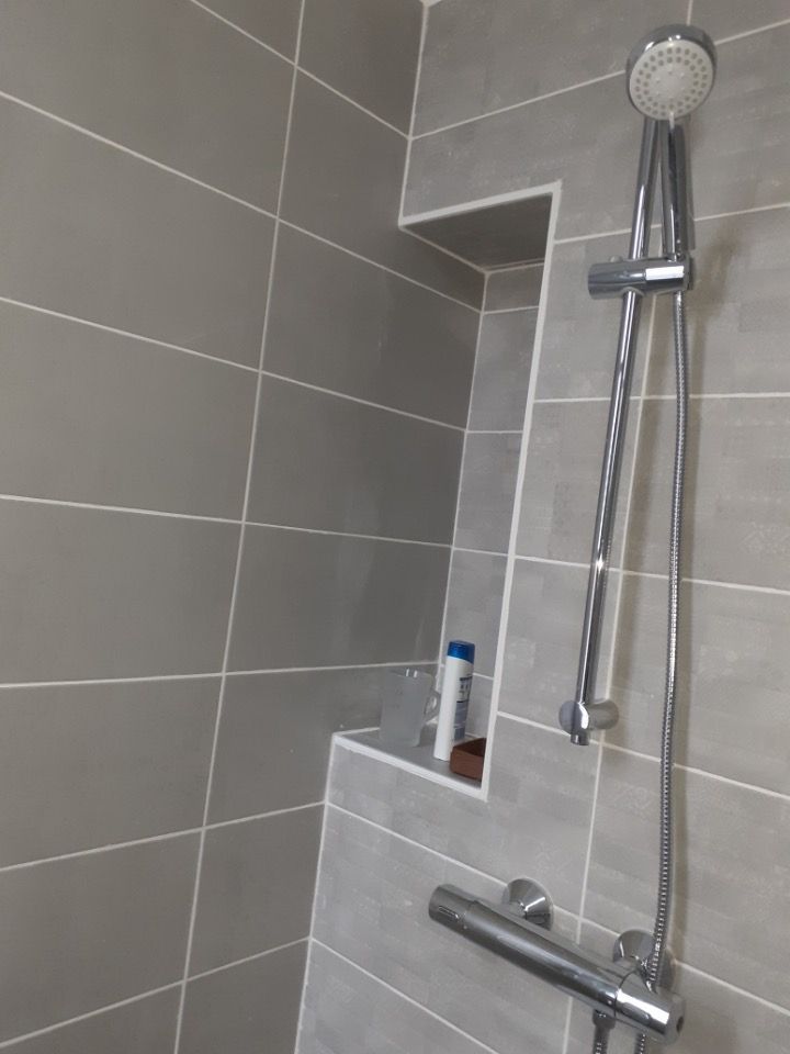 Cabine de douche avec une niche et une douchette.