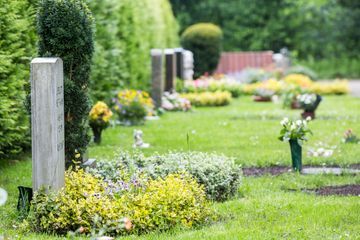 Ein Friedhof voller Blumen und Bäume.