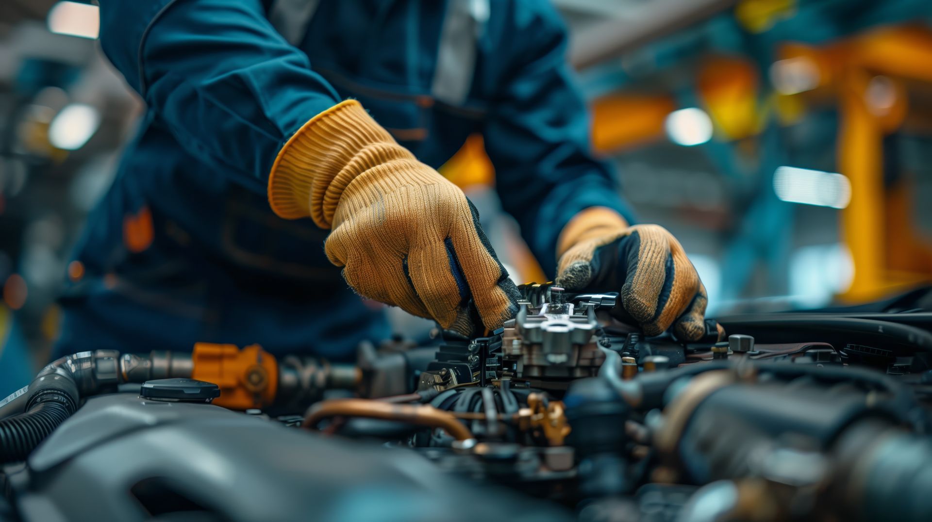 Gros plan sur les mains d'une personne démontant un moteur de voiture