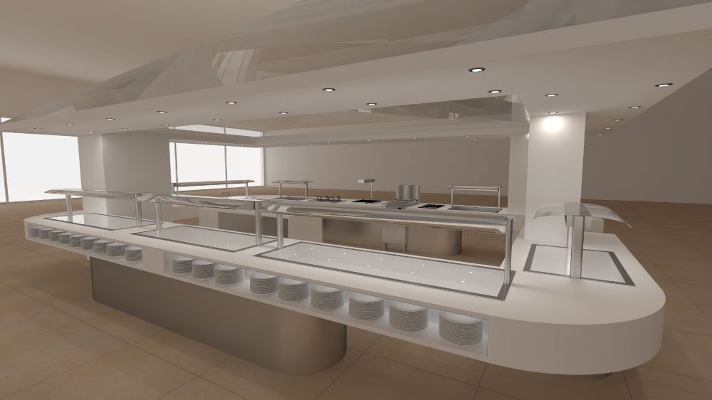 Una imagen generada por computadora de una línea de buffet en un restaurante.