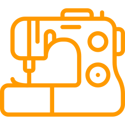 Un icono naranja de una máquina de coser sobre un fondo blanco.