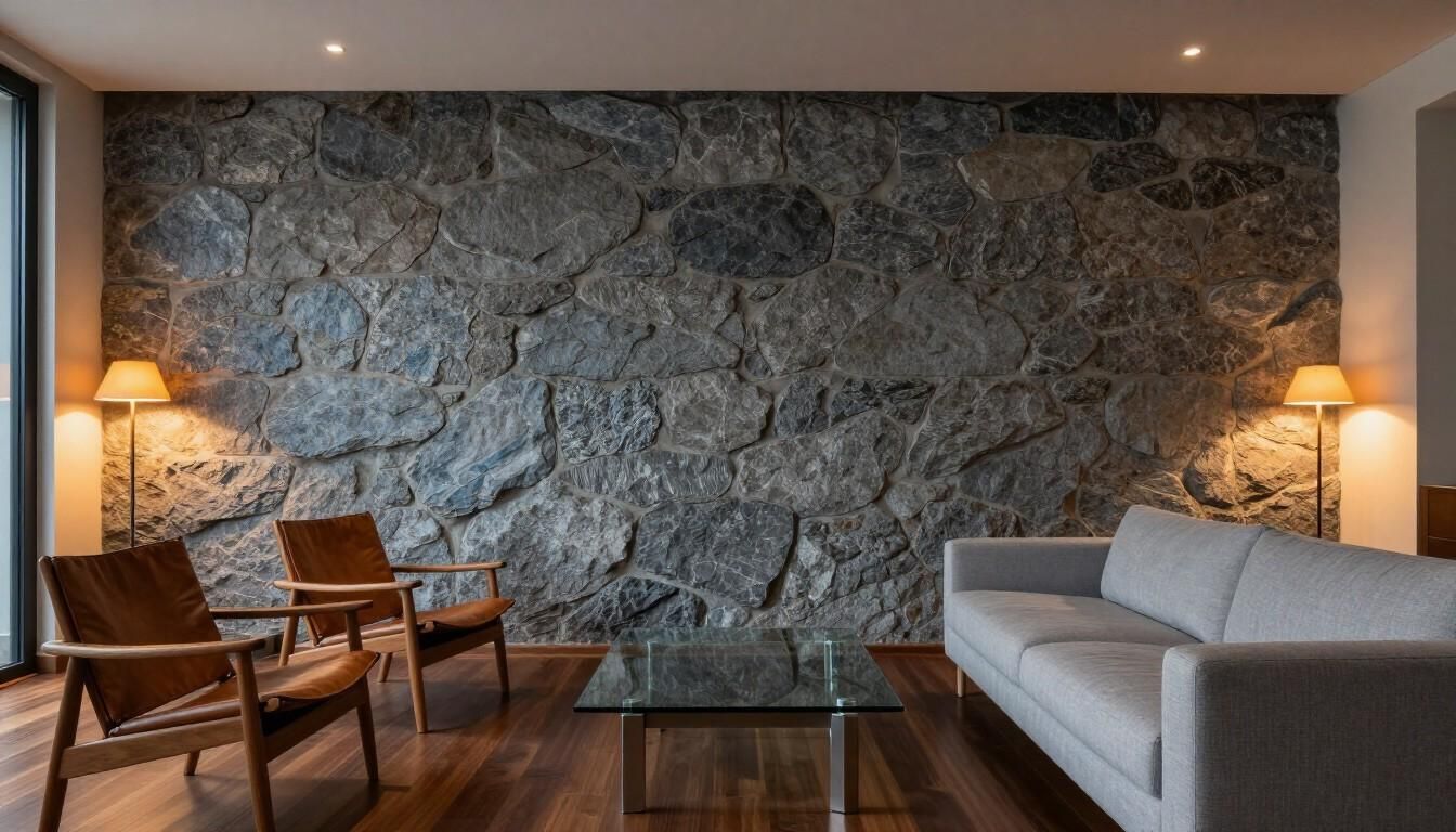 Un salón moderno con una destacada pared de piedra oscura, un sofá gris claro, dos sillones de cuero y una mesa de cristal.