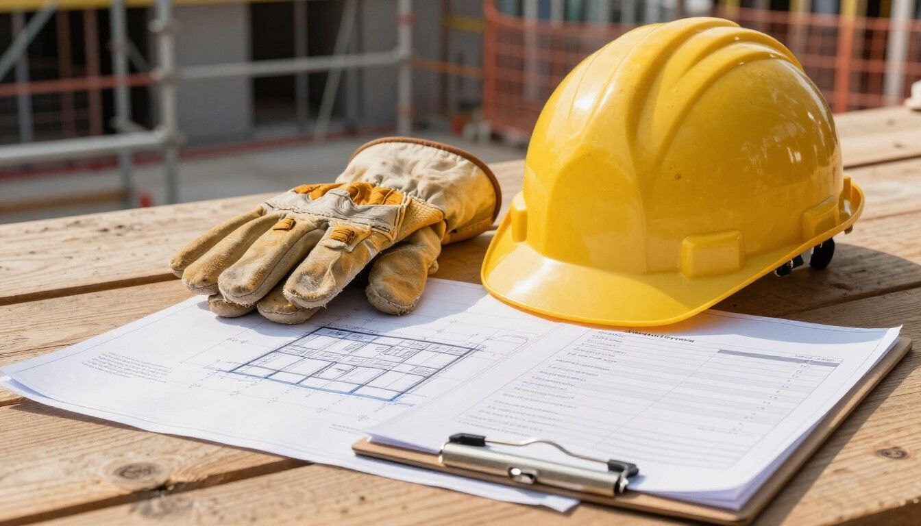 Un casco amarillo y unos guantes de trabajo reposan sobre unos planos y un portapapeles en una superficie de madera 