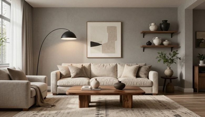 El salón, de tonos neutros, cuenta con un sofá beige, una mesa de centro baja de madera