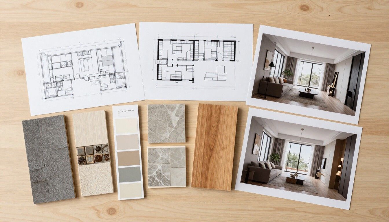 Diseño de un proyecto de interiorismo sobre un escritorio de madera, con planos
