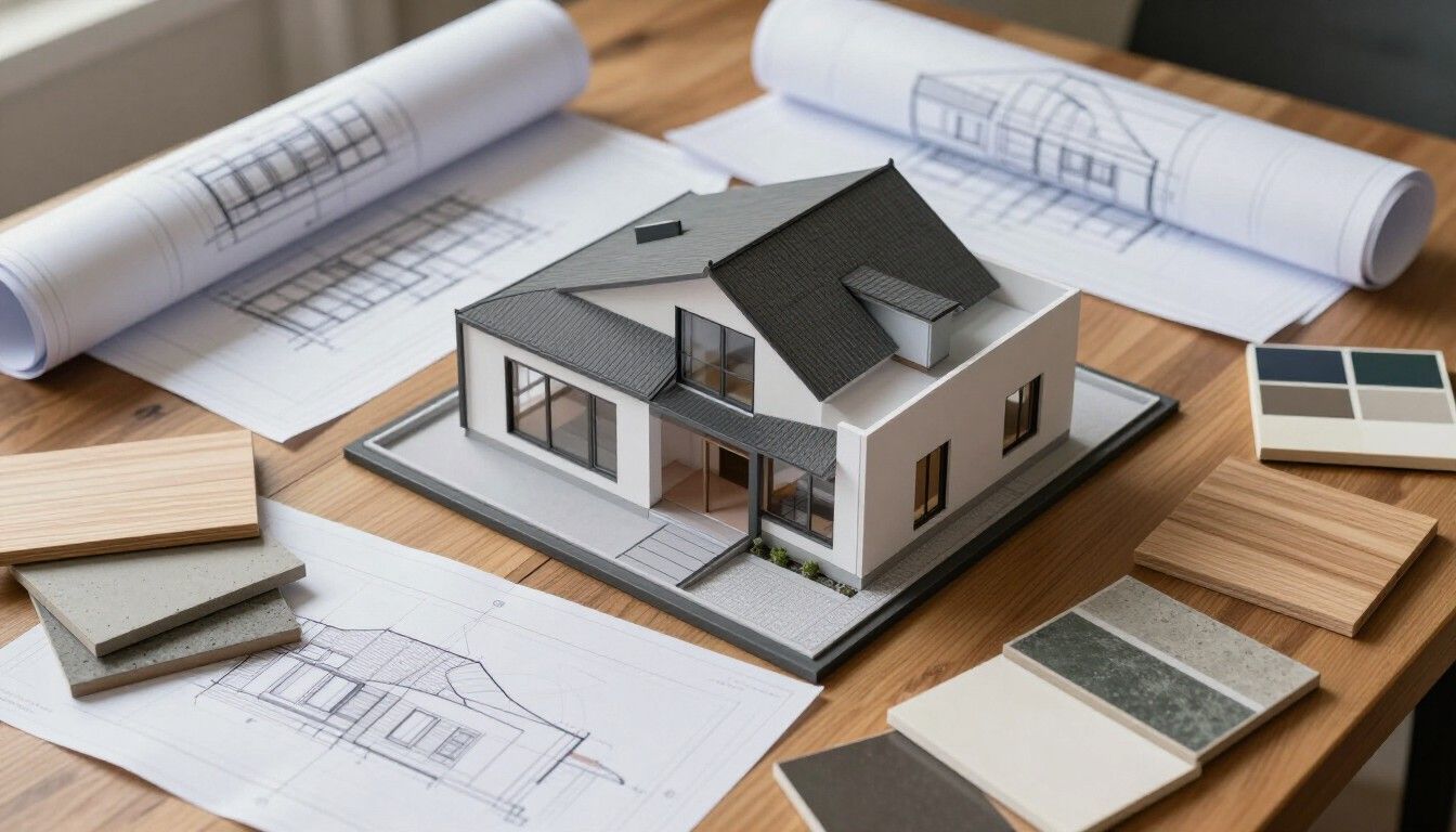 Sobre un escritorio de madera, rodeado de planos y muestras de materiales, reposa una maqueta arquitectónica de una casa.