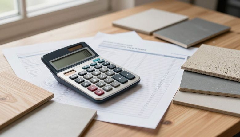 Sobre una hoja de cálculo, rodeada de diversas muestras de azulejos y suelos, hay una calculadora