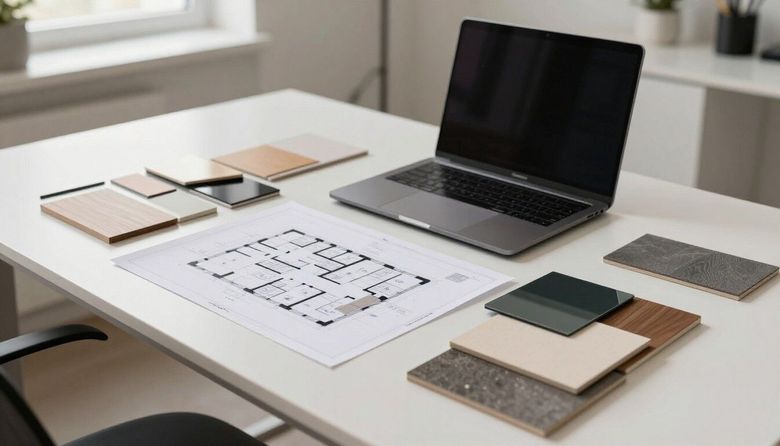 Sobre un escritorio blanco hay un ordenador portátil, un plano de la casa y varias muestras de materiales