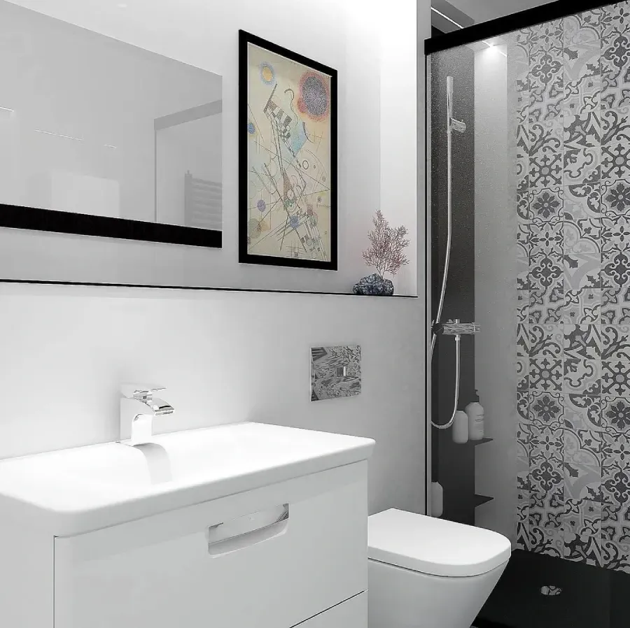 Un baño moderno con tocador blanco, inodoro suspendido, espejo, cuadros en la pared y cabina de ducha alicatada.