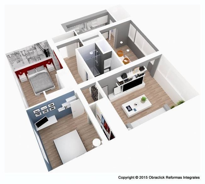 Plano 3D de un apartamento moderno y completamente amueblado que consta de sala de estar, dos dormitorios, cocina y baño.
