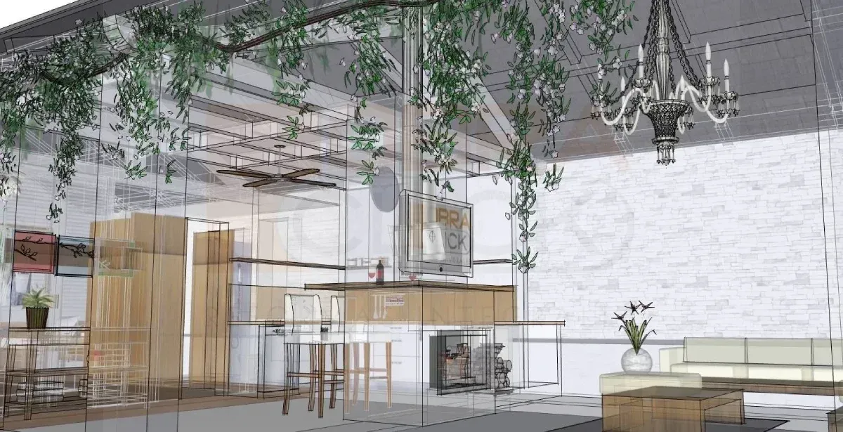 Un espacio moderno y diáfano con paredes de ladrillo blanco, una isla de cocina de madera