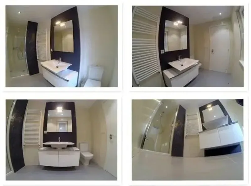 Un collage de cuatro paneles que muestra diferentes ángulos de un baño moderno con un tocador blanco