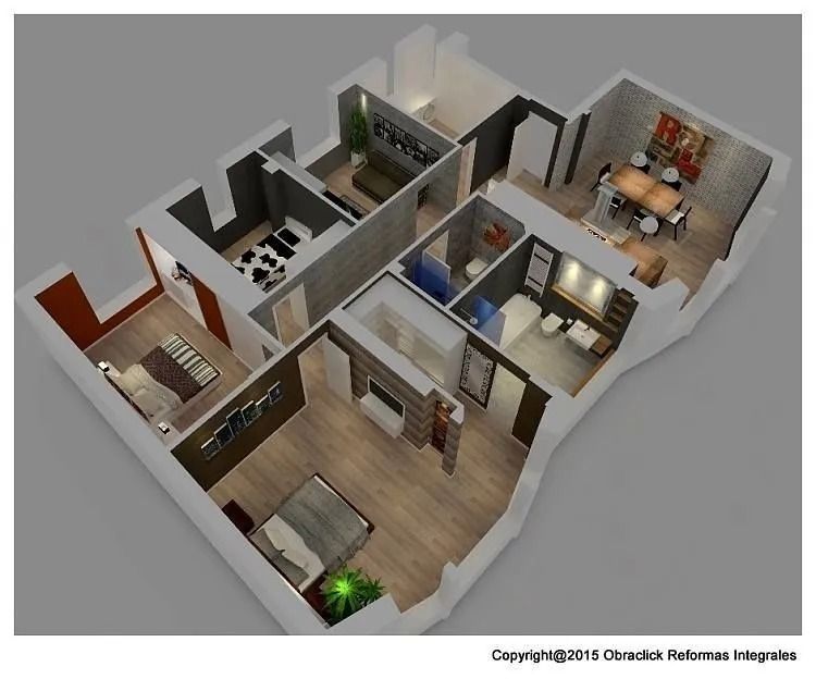 Plano tridimensional que muestra la distribución de un apartamento moderno con cocina, comedor, dos dormitorios y dos baños.
